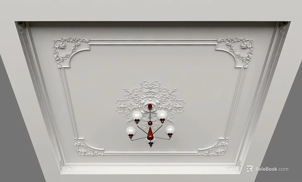 Elegant Ceiling Design With Ornate Borders Central Floral Pattern And Chandelier 3d model