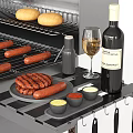 Stainless Steel Outdoor Grill With Grilling Sausages Potatoes Wine Bottles Glasses Firewood And Grilling Tools