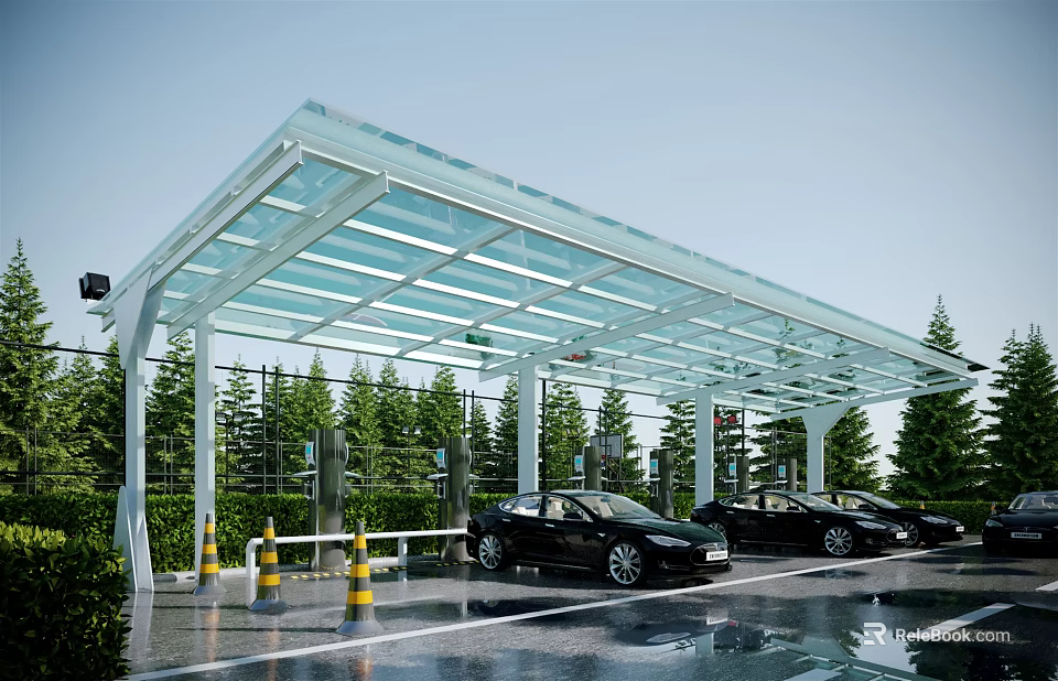 Glass Canopy Carport Structure With Black Cars Trees And Safety Bollards 3d model 