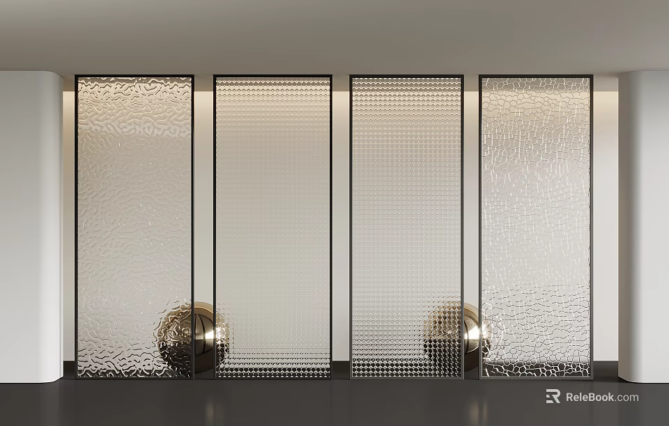Modern Glass Room Dividers With Textured Patterns And Metallic Spherical Decor 3d model 