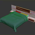 Modern Bed with Blue Bedspread White and Wooden Headboard and Integrated Side Units
