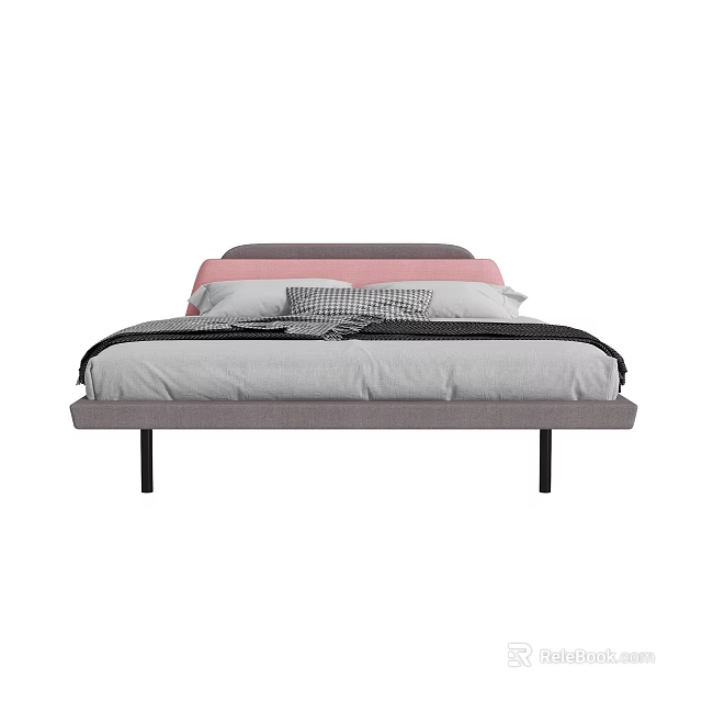 Modern Double Bed With Gray Frame Black Legs Pink Gray Checkered Pillows 3d model