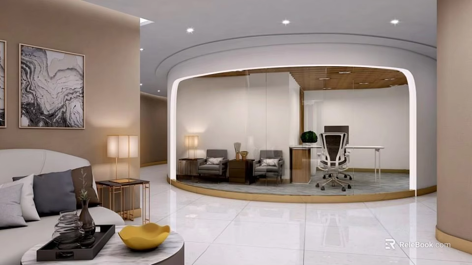 Modern Lounge Area Interior Design With Comfortable Sofas Armchairs And Floor Lamps 3d model 