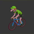 Cartoon Cyclist In Green Shirt Riding Blue Bicycle With Pink Nose And Dark Background