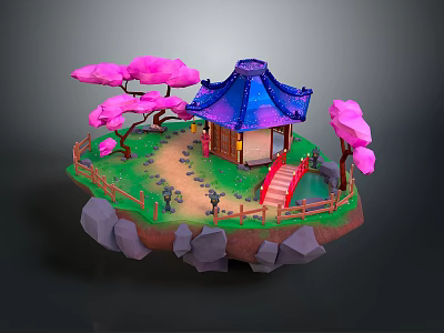 Traditional Pavilion on Floating Island with Blue Roof Pink Trees Red Bridge and Green Grass 3d model