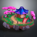 Traditional Pavilion on Floating Island with Blue Roof Pink Trees Red Bridge and Green Grass