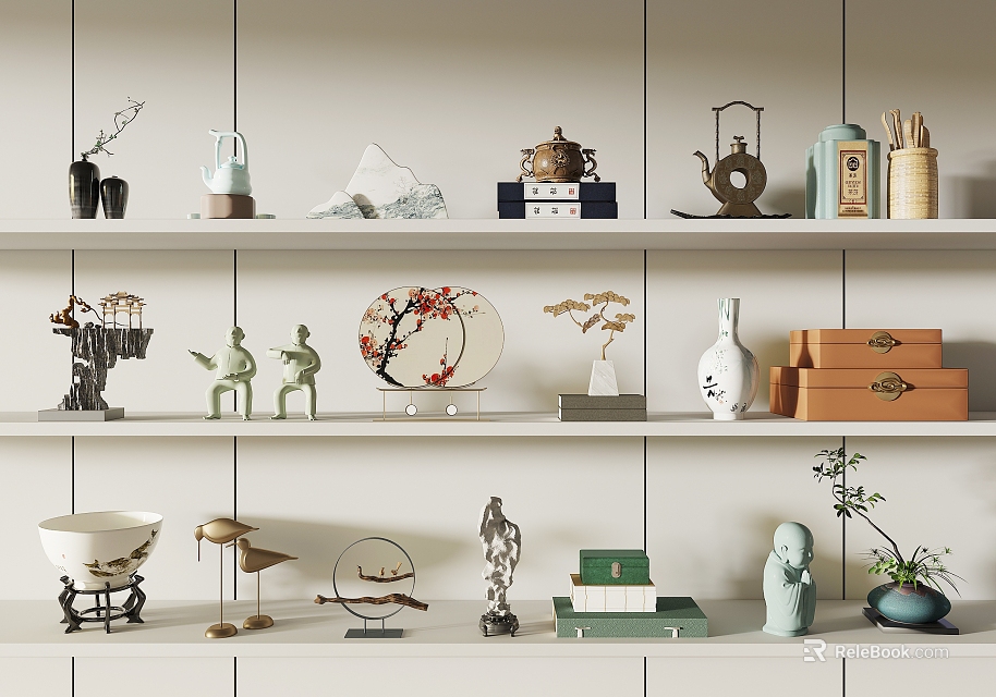 Chinese Style Decorative Ornament Set With Ceramic Sculptures Vases And Wooden Boxes On White Shelves 3d model 