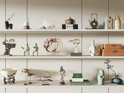 Chinese Style Decorative Ornament Set With Ceramic Sculptures Vases And Wooden Boxes On White Shelves 3d model