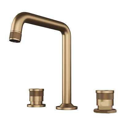 Tall Curved Spout Golden Faucet With Two Handle Controls And Metallic Finish Design 3d model