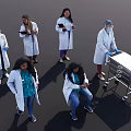Group of Medical Professionals in White Coats with Clipboards and Medical Cart