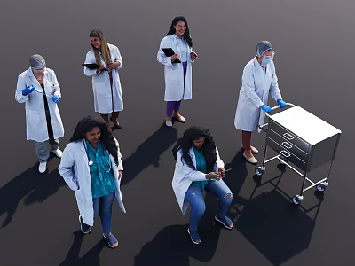 Group of Medical Professionals in White Coats with Clipboards and Medical Cart 3d model