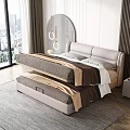 Modern Double Bed With Leather Headboard Nightstands Table Lamps Round Mirror And City View Window