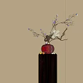 Red Pomegranate Shaped Vase With Floral Arrangement Red Berries Branches Dark Wooden Stand
