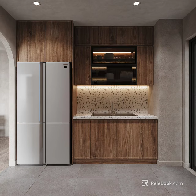 Apartment Modern Kitchen Featuring Silver Refrigerator Wooden Cabinets And Speckled Backsplash Lighting 3d model 