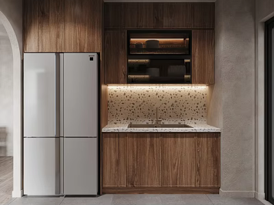 Apartment Modern Kitchen Featuring Silver Refrigerator Wooden Cabinets And Speckled Backsplash Lighting 3d model