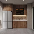 Apartment Modern Kitchen Featuring Silver Refrigerator Wooden Cabinets And Speckled Backsplash Lighting
