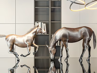 Metallic Horse Sculptures In Modern Interior With Bookshelf And Reflective Floor 3d model