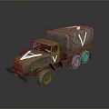 Green Military Truck With Canvas Covered Cargo Area White V Markings And Six Wheel Design
