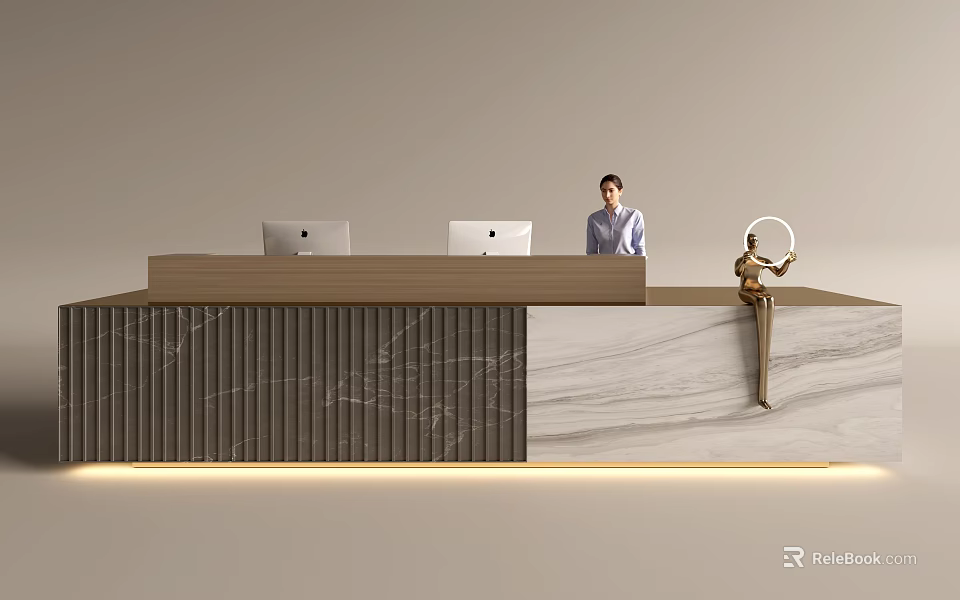 Modern Front Desk Reception With Marble Wooden Counter Two Computers Receptionist And Golden Ring Decor 3d model 