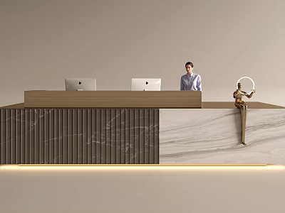 Modern Front Desk Reception With Marble Wooden Counter Two Computers Receptionist And Golden Ring Decor 3d model