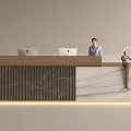 Modern Front Desk Reception With Marble Wooden Counter Two Computers Receptionist And Golden Ring Decor