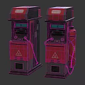 Two Vintage Red Fuel Pumps With Warning Signs And Green Digital Screens