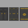 Elegant Black Double Doors With Gold Carvings Metal Accents And Intricate Decorative Patterns