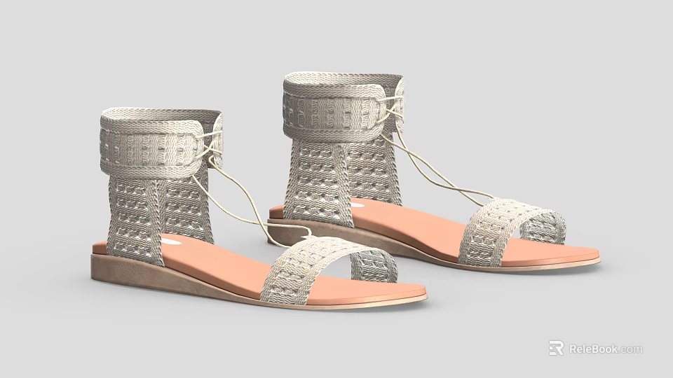 Gray Woven Open Toe Sandals With Lace-up Ankle Strap And Light Brown Sole 3d model 