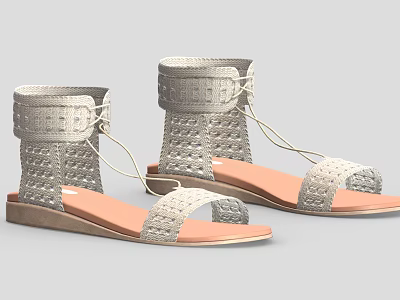 Gray Woven Open Toe Sandals With Lace-up Ankle Strap And Light Brown Sole 3d model