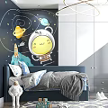 Space Themed Kids Room Interior With Astronaut Mural Planets Rocket Blue Bed And Toys