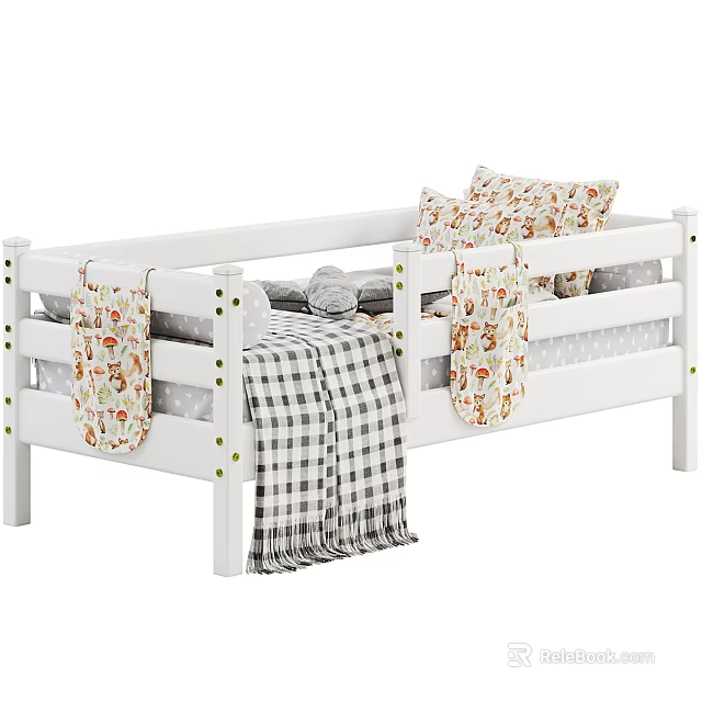 White Single Bed With Wooden Railings Floral Pillows And Black White Plaid Blanket 3d model 