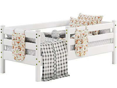 White Single Bed With Wooden Railings Floral Pillows And Black White Plaid Blanket 3d model