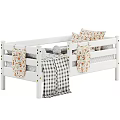 White Single Bed With Wooden Railings Floral Pillows And Black White Plaid Blanket