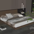 Double Bed with Brown Headboard Pillows Blanket Nightstand Lamp and Plants in Modern Bedroom