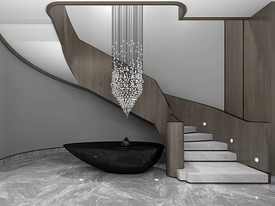 Elegant Spiral Staircase With Crystal Chandelier Black Bowl White Steps And Marble Floor 3d model