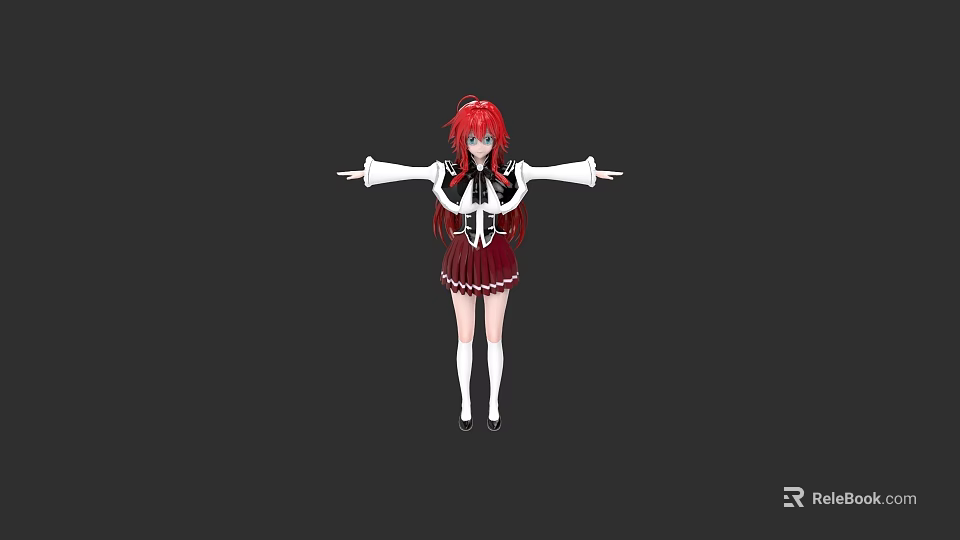 Red Haired Woman With Black White Top Red Pleated Skirt Arms Outstretched On Black Background 3d model 