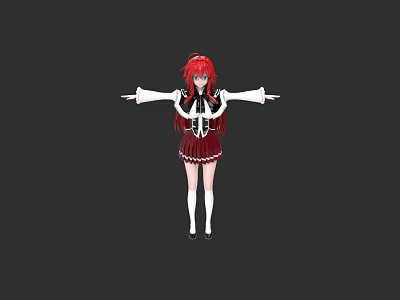 Red Haired Woman With Black White Top Red Pleated Skirt Arms Outstretched On Black Background 3d model
