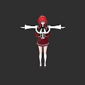 Red Haired Woman With Black White Top Red Pleated Skirt Arms Outstretched On Black Background