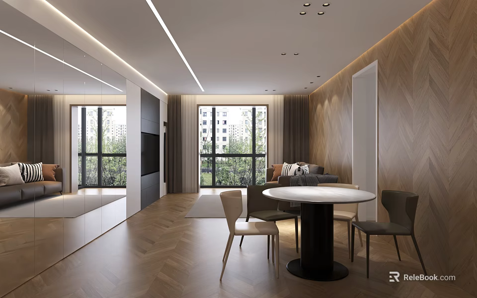 Modern Open Concept Living Dining Room With Herringbone Flooring Large Windows And Dining Table 3d model 