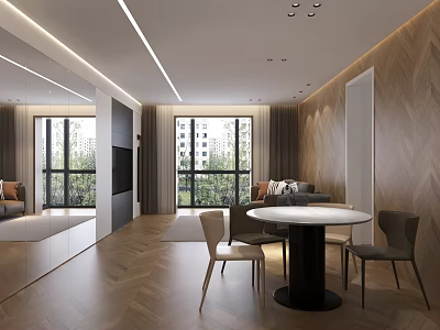 Modern Open Concept Living Dining Room With Herringbone Flooring Large Windows And Dining Table 3d model