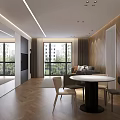 Modern Open Concept Living Dining Room With Herringbone Flooring Large Windows And Dining Table