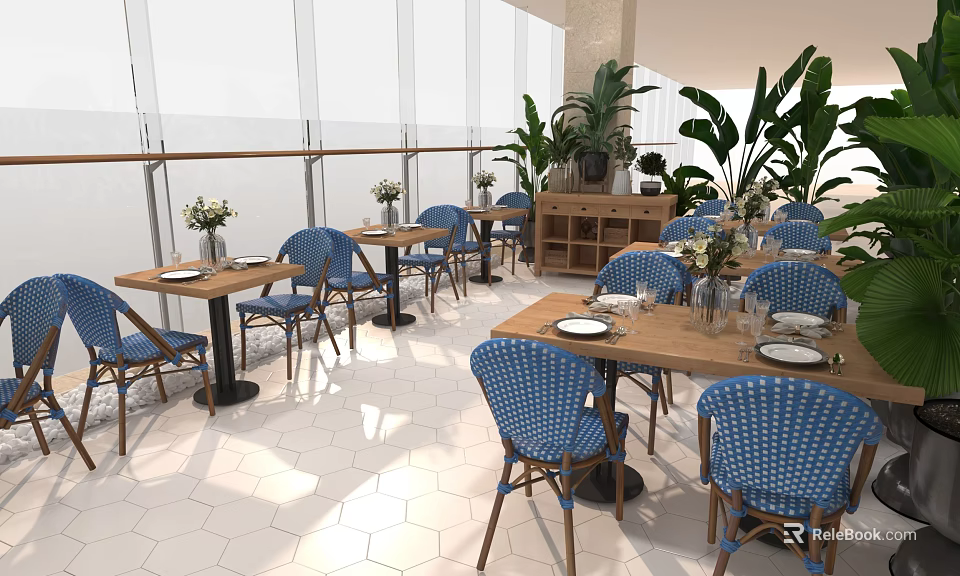 Bright Restaurant Interior With Blue Chairs Wooden Tables Green Plants And White Hexagonal Tiles Floor 3d model 