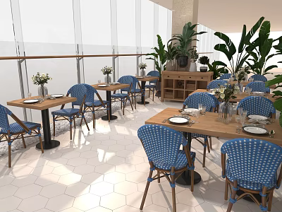 Bright Restaurant Interior With Blue Chairs Wooden Tables Green Plants And White Hexagonal Tiles Floor 3d model