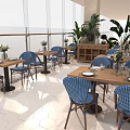 Bright Restaurant Interior With Blue Chairs Wooden Tables Green Plants And White Hexagonal Tiles Floor