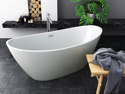 Modern White Freestanding Bathtub With Wooden Stool Gray Blanket Green Plant And Bath Products 3d model