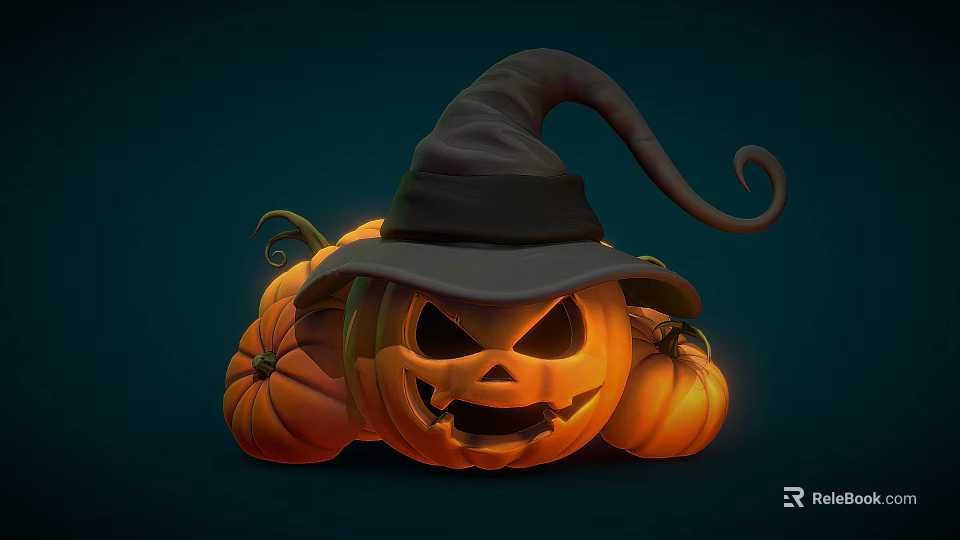 Halloween Decoration With Jack o Lantern Wearing Black Witch Hat And Small Pumpkins 3d model 