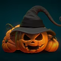 Halloween Decoration With Jack o Lantern Wearing Black Witch Hat And Small Pumpkins