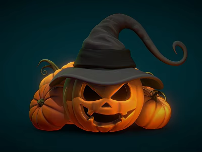 Halloween Decoration With Jack o Lantern Wearing Black Witch Hat And Small Pumpkins 3d model