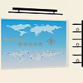 Modern World Map Wall Decor With White Bead Design Blue Background And Side Shelves 3d model