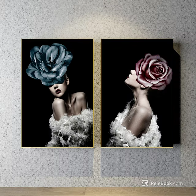 Portrait Paintings of Two Women With Blue and Pink Roses White Feathered Clothing Black Background 3d model 